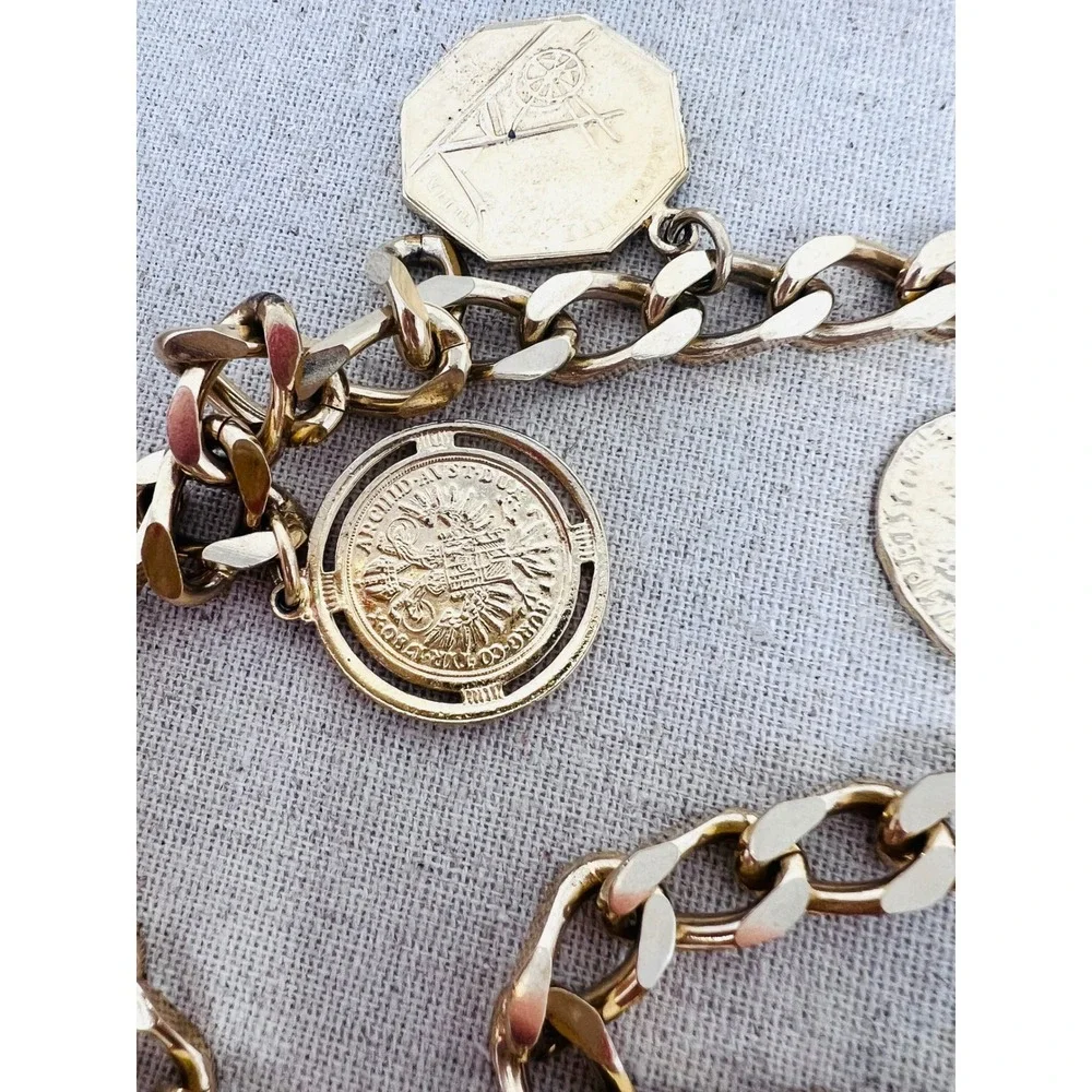Vintage Gold Tone Curb Chain Coin Belt Statement Medallion Charms Adjustable